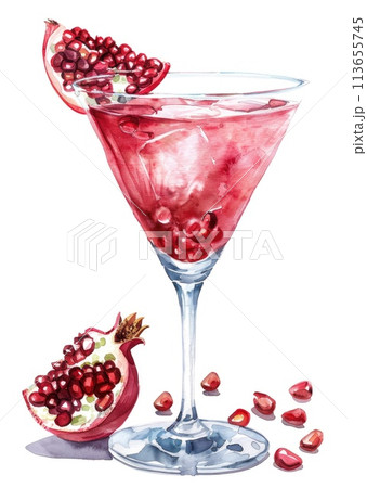 Watercolor Pomegranate Martini Glass Illustration Watercolor Pomegranate Martini Glass Illustration 113655745