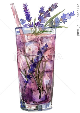 Refreshing Lavender Lemonade Watercolor Illustration with Ice and Straw Refreshing Lavender Lemonade Watercolor Illustration with Ice and Straw 113655752
