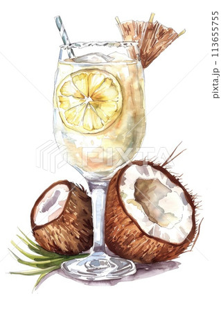 Tropical Coconut Cocktail with Splashes and Umbrella in Watercolor Style Tropical Coconut Cocktail with Splashes and Umbrella in Watercolor Style 113655755