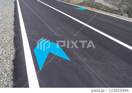 日本で撮影した自転車走行指導帯の写真。自転車走行レーン。 日本で撮影した自転車走行指導帯の写真。自転車走行レーン。 113655994