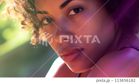 a close-up portrait of diverse woman gazing confidently into the camera, sunlight highlighting her strong facial features 113656182