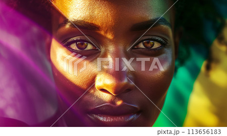 a close-up portrait of diverse woman gazing confidently into the camera, sunlight highlighting her strong facial features 113656183