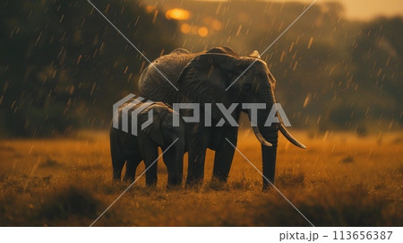 Elephant Mother Sheltering Her Calf Under Her Large Body as Rain Falls. Maternal Care. AI Generated 113656387