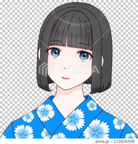 穿著石竹圖案浴衣的女人，藍色②【Cel風格插畫】 113656398