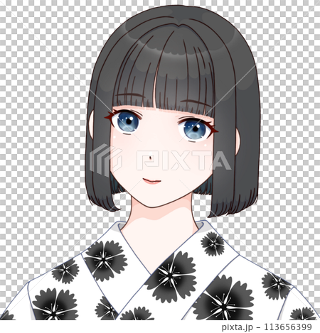 Woman wearing a yukata with a nadeshiko pattern, black① [cel-style illustration] 113656399