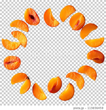 Dried peaches pale orange and slightly fuzzy arranged in a semi circle on a transparent 113656459