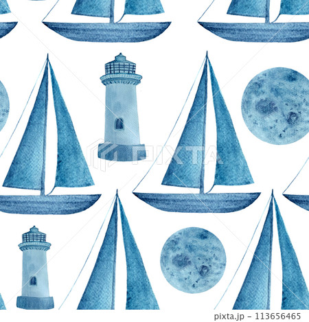 Sailboat, lighthouse, moon seamless pattern hand drawn in watercolor isolated on white. High quality monochromatic illustration for wrapping paper, textile, wallpaper, notebooks, souvenirs, room decor Sailboat, lighthouse, moon seamless pattern hand drawn in watercolor isolated on white. High quality monochromatic illustration for wrapping paper, textile, wallpaper, notebooks, souvenirs, room decor 113656465