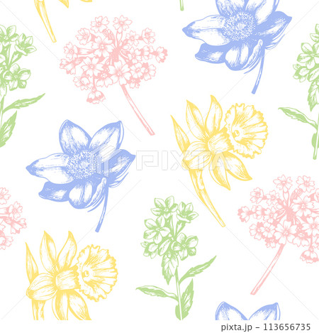 Vintage seamless pattern with spring flowers. 113656735