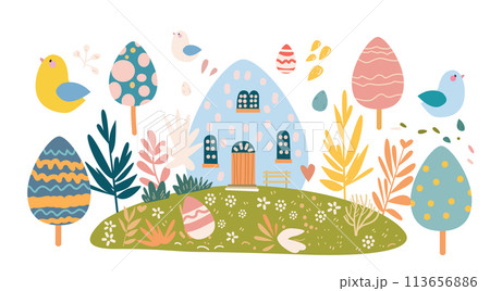 Happy Easter greeting card with eggs in pastelのイラスト
