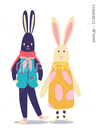 Happy Easter greeting card with rabbits and eggs spring holiday celebration card 113656911