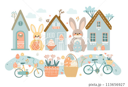 Happy Easter greeting card with rabbits and eggs in pastel colors spring holiday celebration card horizontal 113656927