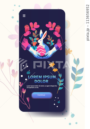 Happy Easter greeting card human hands holding rabbit and eggs spring holiday celebration card vertical copy space 113656952
