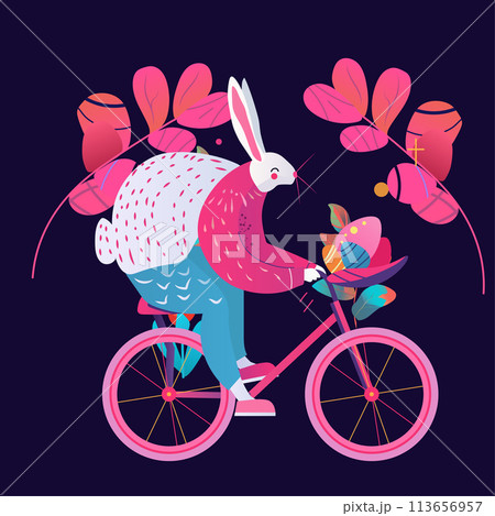 Happy Easter greeting card with rabbit riding on bike spring holiday celebration card 113656957