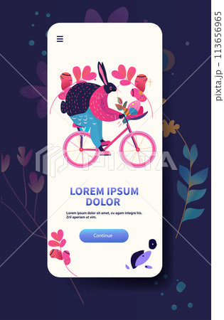 Happy Easter greeting card with rabbit riding on bike spring holiday celebration card vertical 113656965