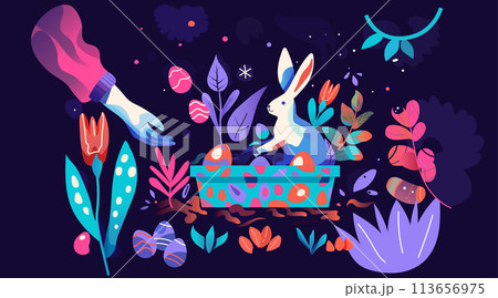 Happy Easter greeting card with rabbit and eggs in basket spring holiday celebration card horizontal 113656975