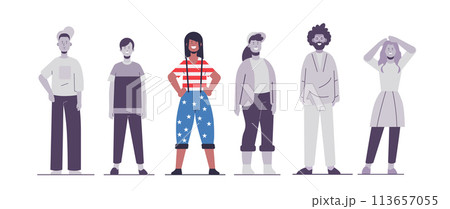 election day concept woman in usa flag costume standing out from people individual concept horizontal 113657055