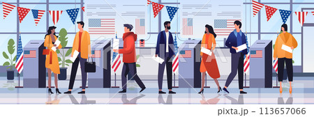 election day concept voters casting ballots at polling place during voting people holding paper ballots horizontal election day concept voters casting ballots at polling place during voting people holding paper ballots horizontal 113657066