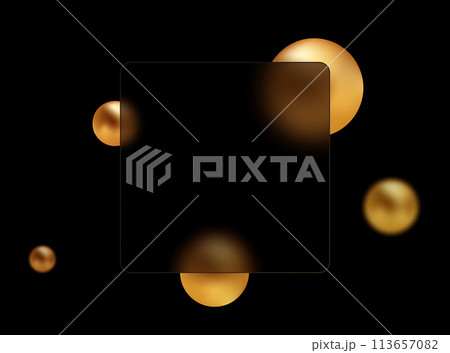 Glass morphism effect. Square banner made of transparent glass. Golden 3D spheres on a black background. 113657082