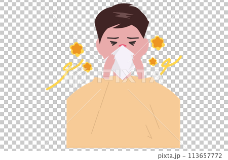 一名男子因黃塵過敏。一個人因花粉熱而擤鼻涕。向量圖 113657772