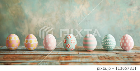 Vibrant collection of decorated Easter eggs sits upon rustic wooden plank 113657811