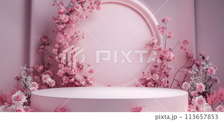 Pink podium with delicate flowers Pink podium with delicate flowers 113657853