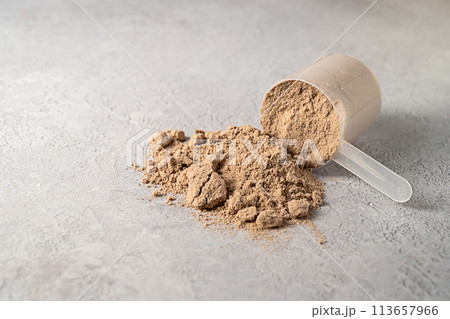 Protein powder and protein drinks, with scoops. Food supplement, copy space Protein powder and protein drinks, with scoops. Food supplement, copy space 113657966