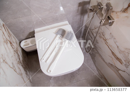 Silicone brushes for cleaning the toilet lie on the lid of the wall-hung toilet. The concept of care and cleaning the toilet from dirt and bacteria. Gray stoneware tiles on the walls. Copy space for Silicone brushes for cleaning the toilet lie on the lid of the wall-hung toilet. The concept of care and cleaning the toilet from dirt and bacteria. Gray stoneware tiles on the walls. Copy space for 113658377