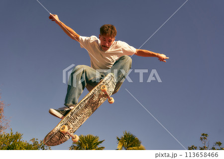 Active skateboarder jumping and performing a trick in a ramp of a skate park 113658466