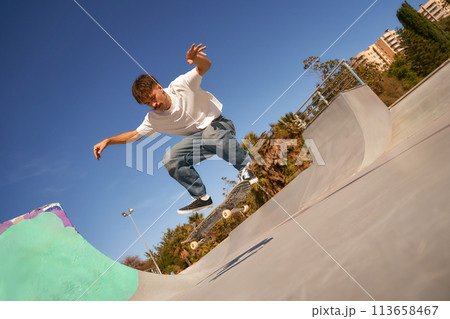 Active young man riding skateboard in skate park on sunny day. Extreme sport concept 113658467
