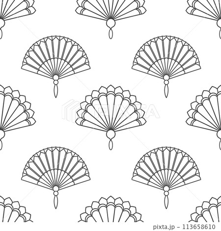 Seamless background of paper fans. Background from a hand fan. Silhouettes of Chinese, Japanese paper folding fans, traditional Asian jewelry. Vector Seamless background of paper fans. Background from a hand fan. Silhouettes of Chinese, Japanese paper folding fans, traditional Asian jewelry. Vector 113658610