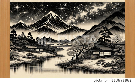 煌めく星空の水墨画のイラスト素材 [113658962] - PIXTA