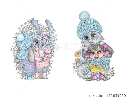 Spring set of isolated illustrations in mixed media: a pair of dancing hares and the friendship of a cat and a little girl. Ideal for decorating children's products, T-shirts, notebooks and posters 113659050