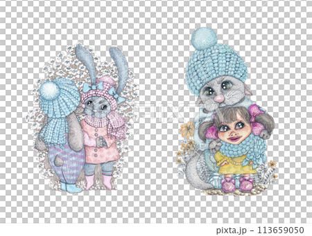 Spring set of isolated illustrations in mixed media: a pair of dancing hares and the friendship of a cat and a little girl. Ideal for decorating children's products, T-shirts, notebooks and posters 113659050