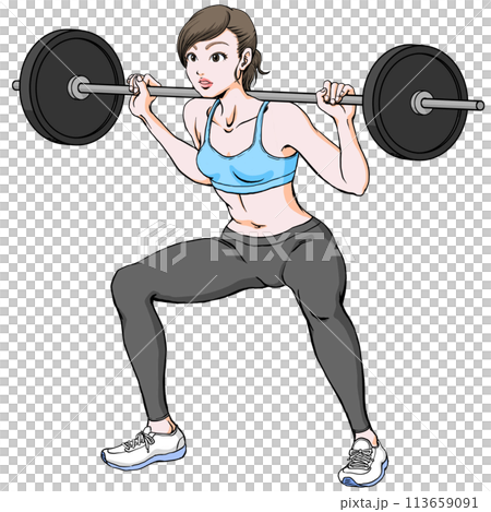 年輕女子做槓鈴深蹲 年輕女子做槓鈴深蹲 113659091