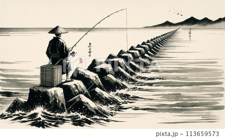 釣りを楽しむ男性の水墨画 113659573