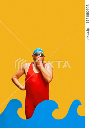 Man in swimming attire covered nose diving to children's pool with abstract water against yellow studio background. 113660408