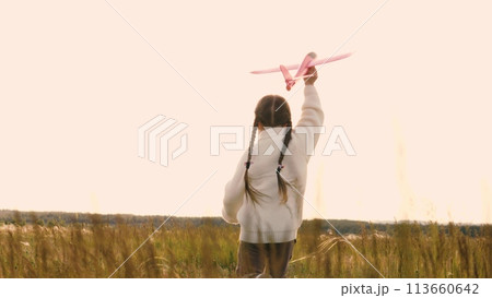 Child with toy airplane runs across field. Little kid imagines to be pilot, playing game, dreaming of great future. Concept of children's dreams, vivid imagination and active play. Rear back view. Child with toy airplane runs across field. Little kid imagines to be pilot, playing game, dreaming of great future. Concept of children's dreams, vivid imagination and active play. Rear back view. 113660642