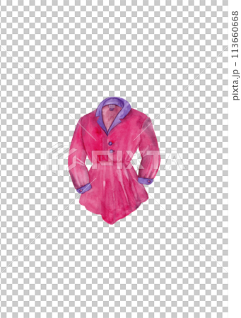 Bright blouse with an elasticated waist and flounce. 80s style. Purple and hot pink tones. Isolated watercolor illustration of a fashionable girl's clothing item Bright blouse with an elasticated waist and flounce. 80s style. Purple and hot pink tones. Isolated watercolor illustration of a fashionable girl's clothing item 113660668