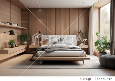 Interior of modern bedroom with wooden walls, wooden floor, comfortable king size bed with white linen and wooden wardrobe 113660747