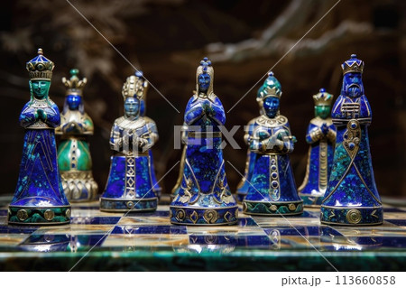 Intricately designed cobalt blue and emerald green chess set on reflective surface, symbolizing strategy and competition Intricately designed cobalt blue and emerald green chess set on reflective surface, symbolizing strategy and competition 113660858