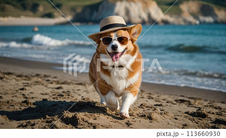 Happy cute domestic corgi dog on the sand on a tropical beach near the sea ocean, on vacation, tourism concept. Happy cute domestic corgi dog on the sand on a tropical beach near the sea ocean, on vacation, tourism concept. 113660930