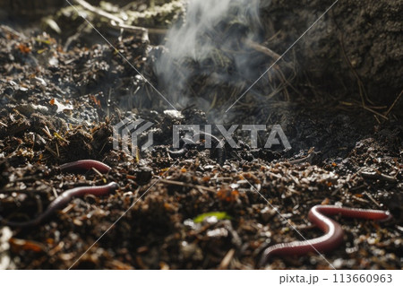 Earthworms Emerging from Fertile Soil with Fresh Leaves and Steam in Garden Earthworms Emerging from Fertile Soil with Fresh Leaves and Steam in Garden 113660963