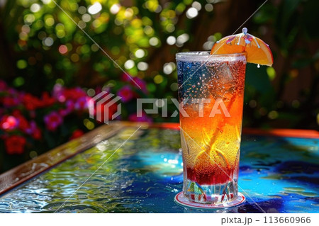 Refreshing Tropical Cocktail with Condensation, Orange Slice, and Plumeria Flowers in Sunlight 113660966