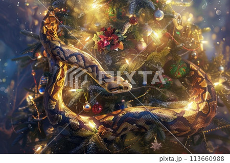 Python Entwined in Festive Christmas Tree...のイラスト素材 [113660988] - PIXTA