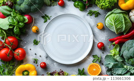 White Plate Surrounded by Various Vegetables 113661306