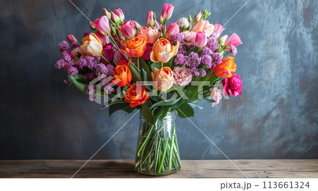 Vase Overflowing With Colorful Flowers 113661324