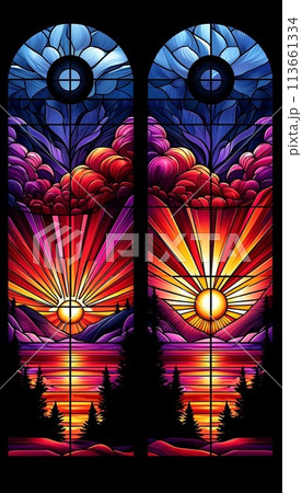 夕日のデザインのステンドグラスのイラスト素材 [113661334] - PIXTA