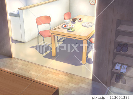 「朝食風景、ダイニングから玄関へ」_キャラ猫無_BG主線有 「朝食風景、ダイニングから玄関へ」_キャラ猫無_BG主線有 113661352
