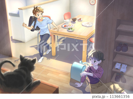 「慌ただしい朝食から登校、遅刻しない様に玄関へ急ぐ」_キャラ有_BG主線無 113661356