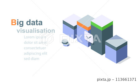 Big data visualization statistic software analytic development internet banner landing page isometric vector illustration 113661371